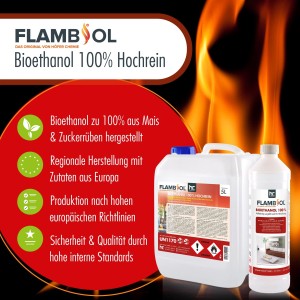 Flambiol Bioethanol 100% hochrein, 2 Kanister (10l & 5l) für Kamine & Dekofeuer.