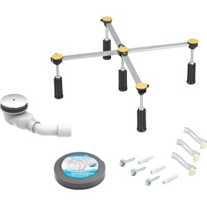 Ottofond Montage-Set für Duschwannen mit Ablaufgarnitur, Schalldämmprofil, Befestigung und Fußgestell.