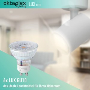 Oktaplex Lux GU10 LED Set, 6 warmweiße, dimmbare Deckenleuchten für Wohnräume.