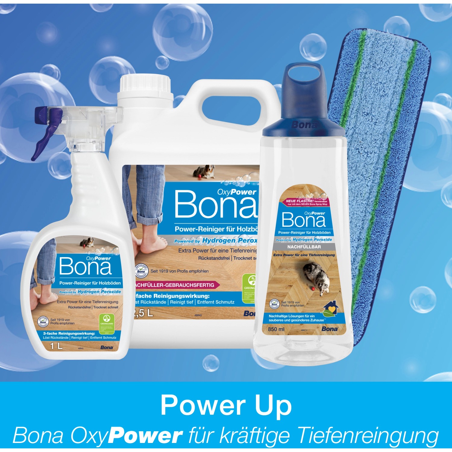 Bona OxyPower Reiniger Set für Holzböden mit Sprühflasche, Kanister und Nachfüllflasche, sowie einem Mopp.