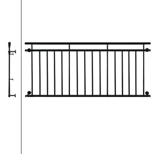 Schwarzer französischer Balkon aus pulverbeschichtetem Stahl, 225x90 cm, mit 16 Füllstäben zur Fenstersicherung.