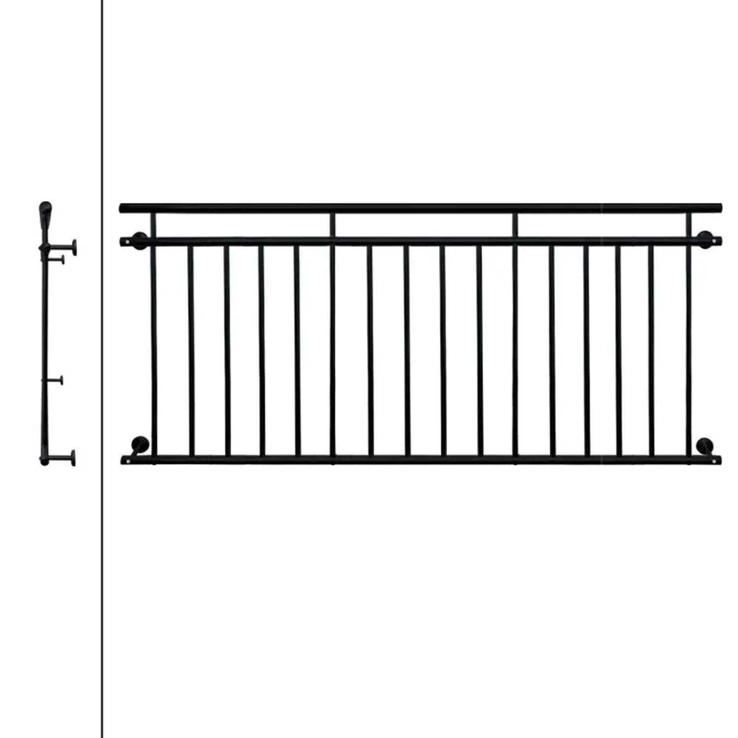 Schwarzer französischer Balkon aus pulverbeschichtetem Stahl, 225x90 cm, mit 16 Füllstäben zur Fenstersicherung.