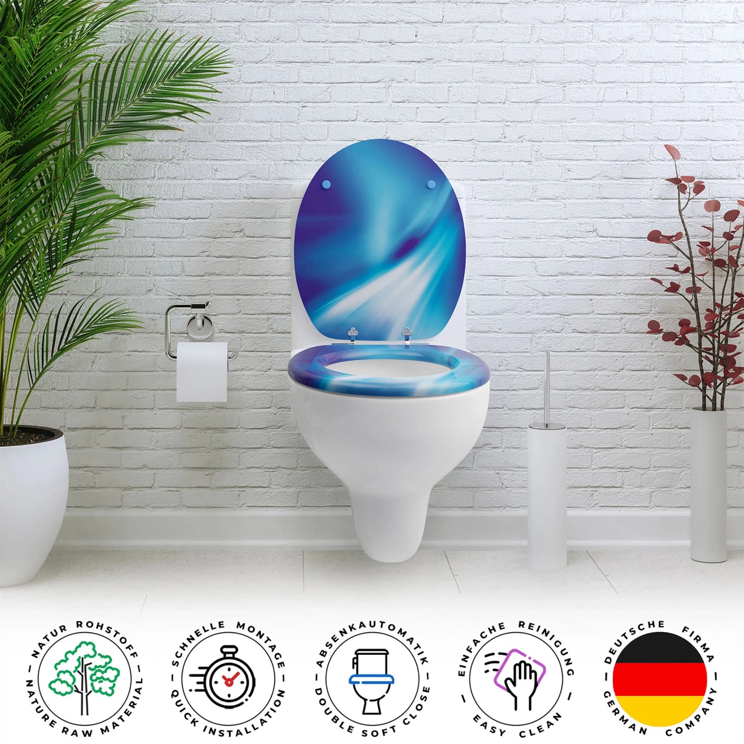 Sanfino WC-Sitz Wave mit blauem Muster auf weißer Toilette vor Wand.