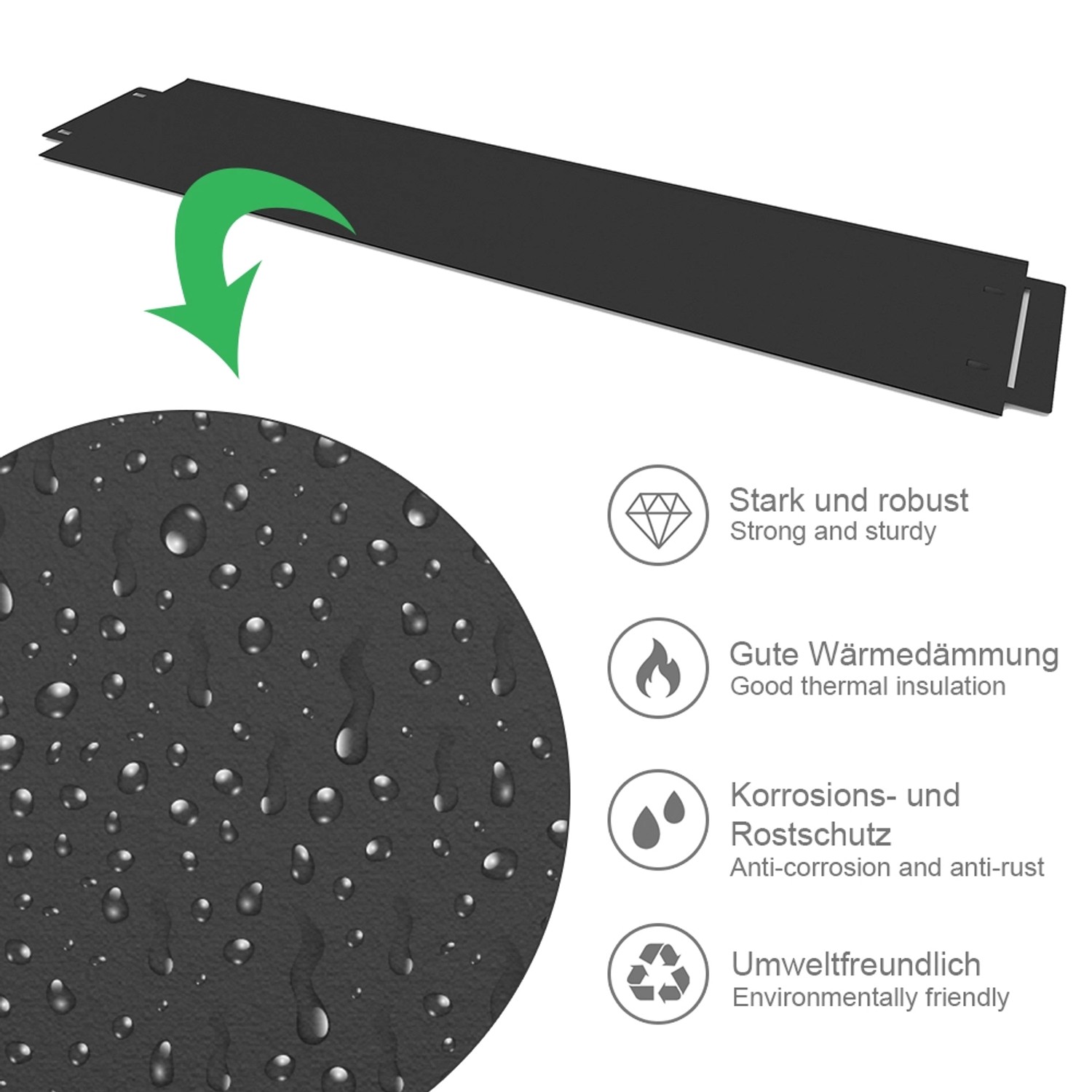 OK-Living Rasenkante, anthrazit, 100x14cm, 10 Meter. Beetumrandung aus verzinktem Stahl, Detailaufnahme mit Wasser.