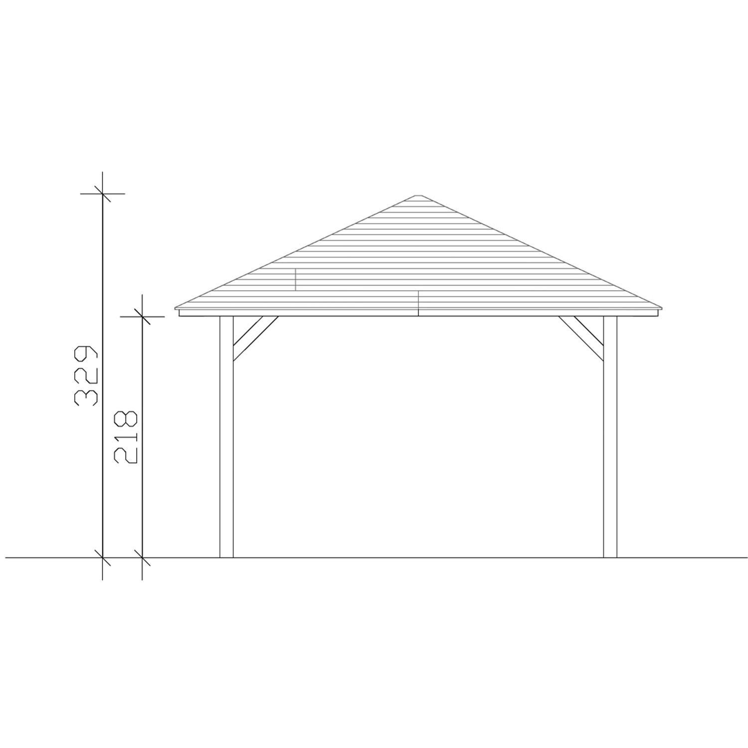 Skizze des unbehandelten Skan Holz Pavillon Cannes 2 (359x359cm) mit Maßangaben.