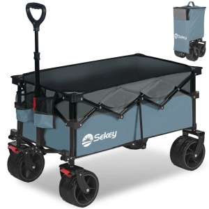 Sekey XL Bollerwagen, faltbar, mit Bremsen und breiten Reifen, blau. Ideal für Camping.