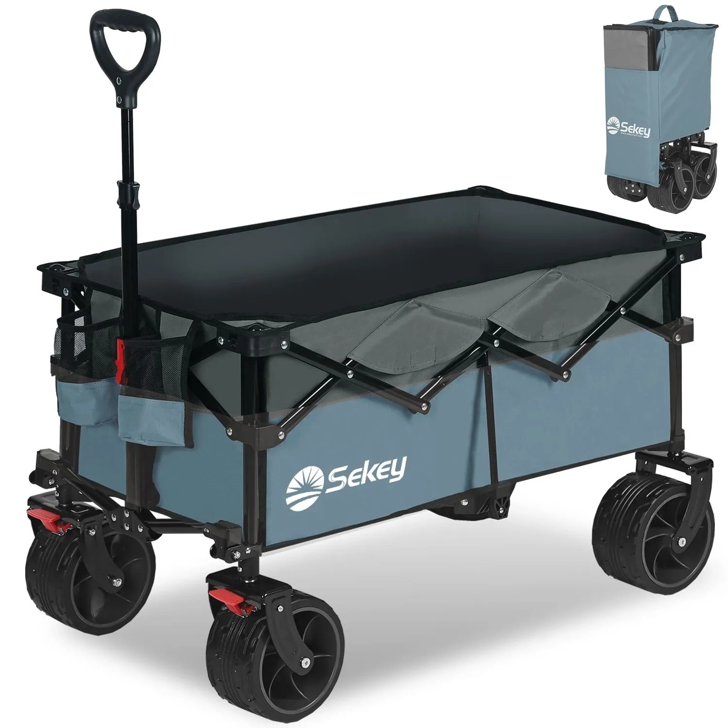 Sekey XL Bollerwagen Faltbar mit Bremsen und Breiten Reifen 150KG 150L Blau