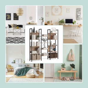 Relaxdays Bücherregal mit 14 Ablagen MDF Eisen Hellbraun Teilbar Kippschutz 166 x 158 x 24 cm 21 kg