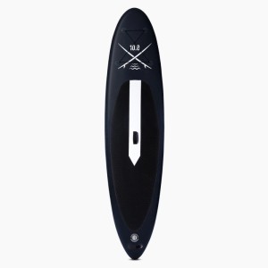 Schwarzes Suprfit Lailani 10'8 SUP Board mit weißem Streifen und Grafiken. Aufblasbares Stand-Up-Paddling Board für Wassersport.
