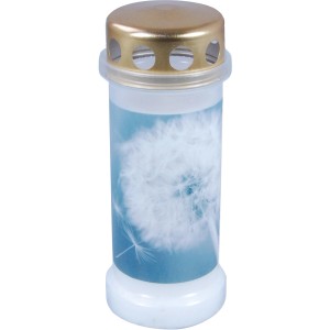 Weiße Grabkerze mit Pusteblumen-Motiv und goldenem Deckel.