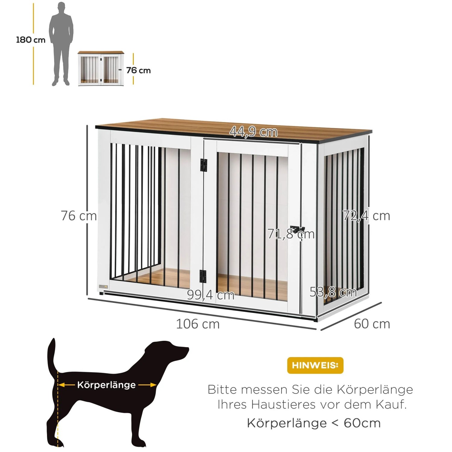 PawHut Hundekäfig Hundebox Innen Dunkelwalnuss Weiß 106 x 60 x 76 cm_4