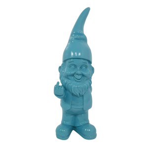 Blauer Gartenzwerg mit spitzer Mütze und Bart, der den Stinkefinger zeigt. 17,5 cm Deko-Figur aus Polyresin.