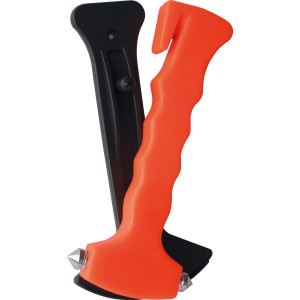 APA Notfallhammer mit orangefarbenem Griff und schwarzer Halterung. Doppelkopfhammer mit Sicherheitsmesser.