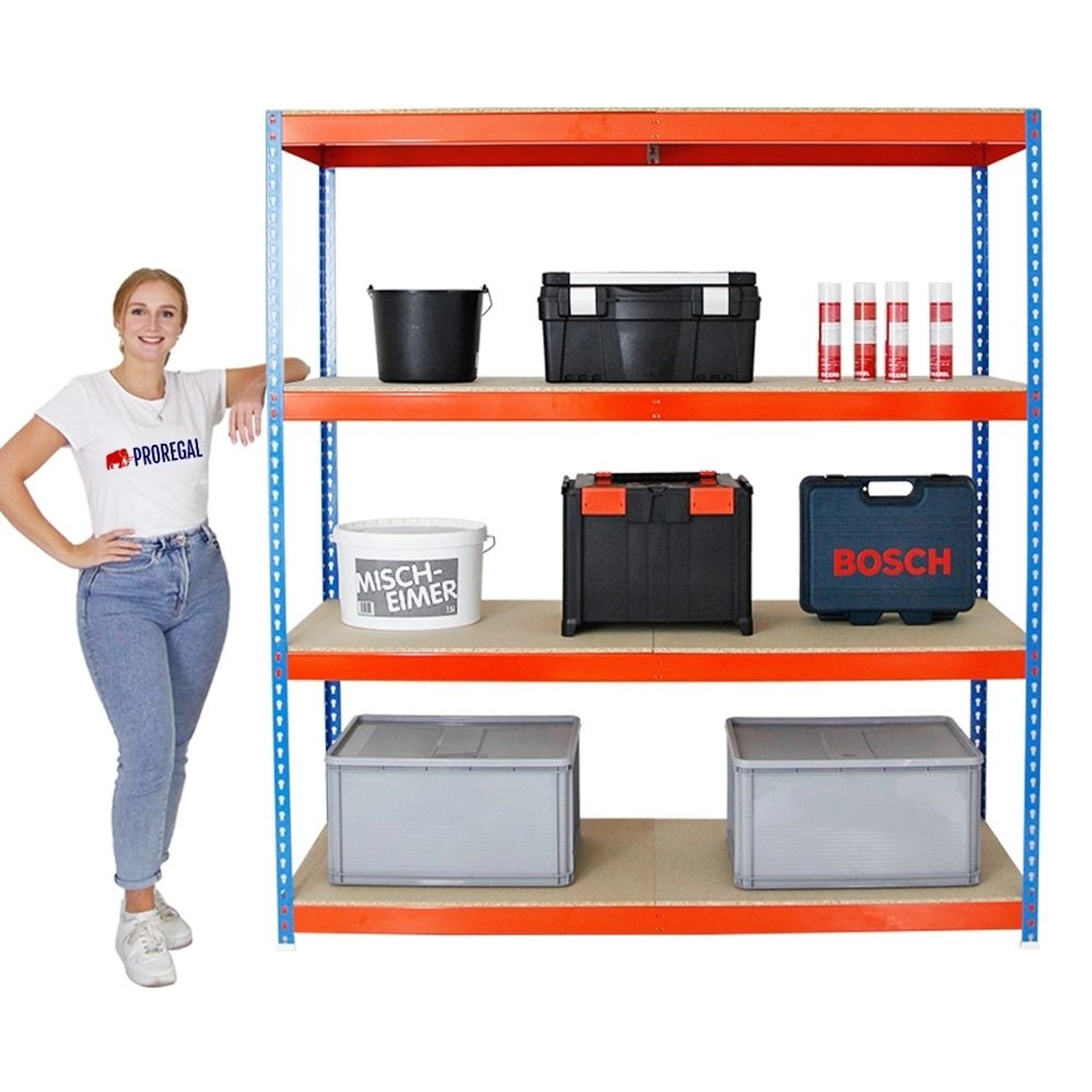 Blau-oranges PROREGAL Schwerlastregal Wood Beast mit vier Ebenen und diversen Werkzeugen.