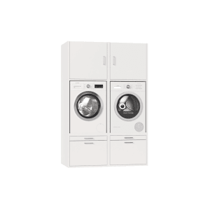 Weißer Waschturm Twin collection 4.2 mit integriertem Waschmaschinenschrank, Trockner, oberen Schränken und unteren Schubladen.