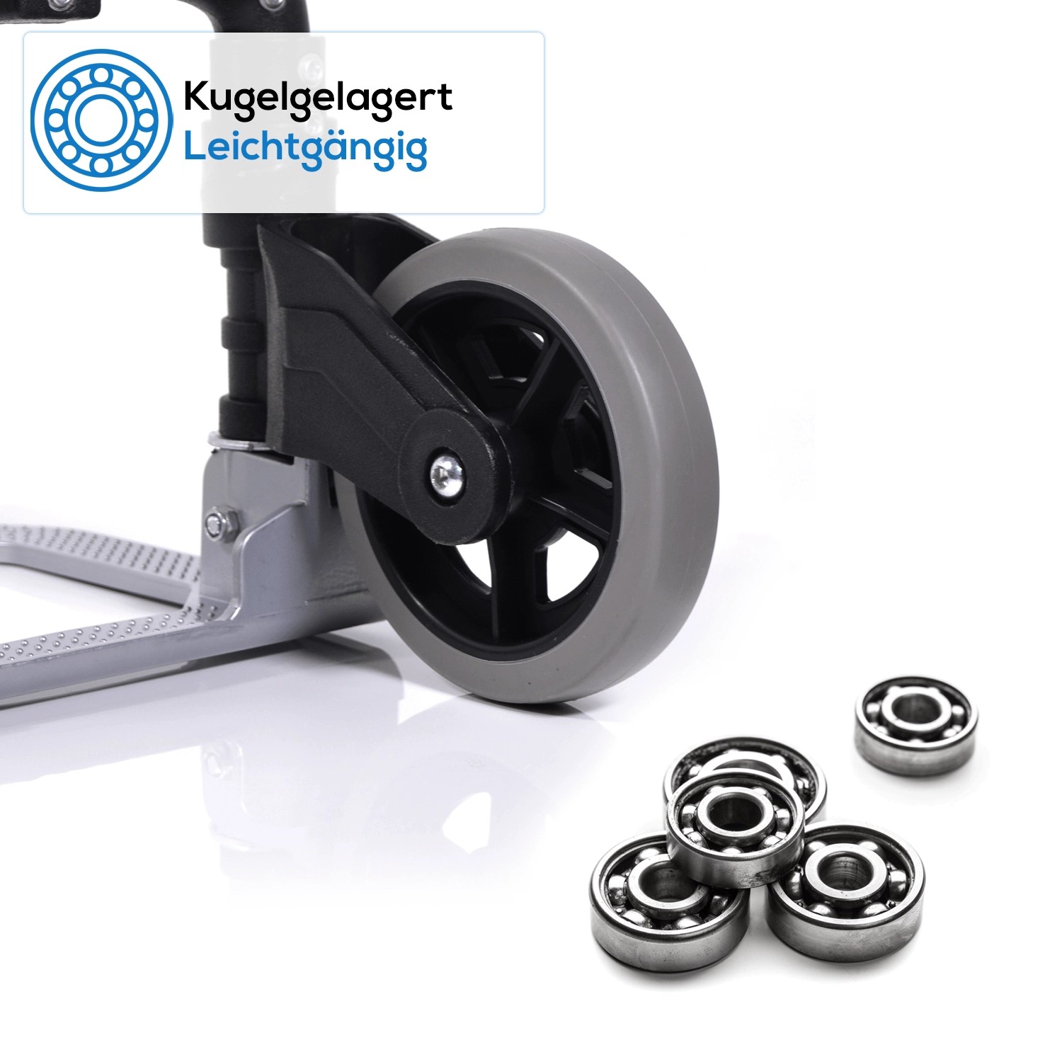 Detailaufnahme: Rad der klappbaren Tronitechnik Sackkarre mit Kugellager und Hartgummibereifung.