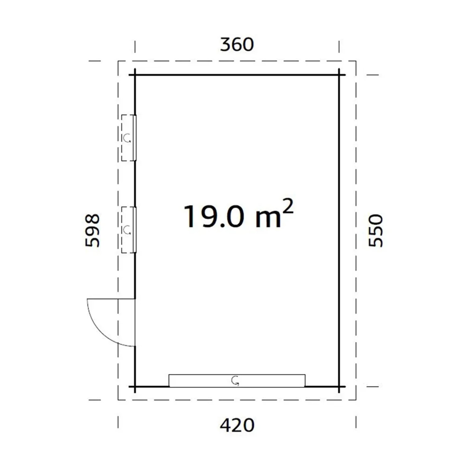 Grundriss Palmako Holzgarage Rasmus: 360x550cm, 19m² Fläche, Sektionaltor, Fenster, Tür.
