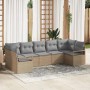 Beiges 7-teiliges vidaXL Garten-Sofa-Set aus Poly Rattan mit grauen Kissen.