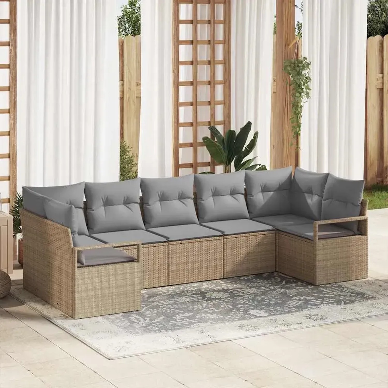 Beiges 7-teiliges vidaXL Garten-Sofa-Set aus Poly Rattan mit grauen Kissen.