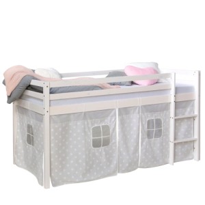 Weißes Homestyle4u Hochbett 90x200 mit grauen Sternen-Vorhängen und Leiter für Kinderzimmer.