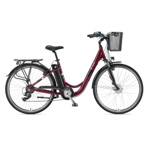 Telefunken City E-Bike RC822, 28 Zoll, rot, mit Korb und tiefem Einstieg.