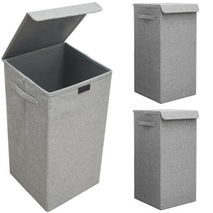 DuneDesign 3er Set Wäschekörbe, je 50L, faltbar mit Deckel, grau.