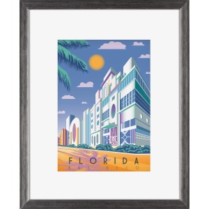 Silberner Kunststoff Bilderrahmen 24x30 cm mit Passepartout und Florida Art Deco Motiv.
