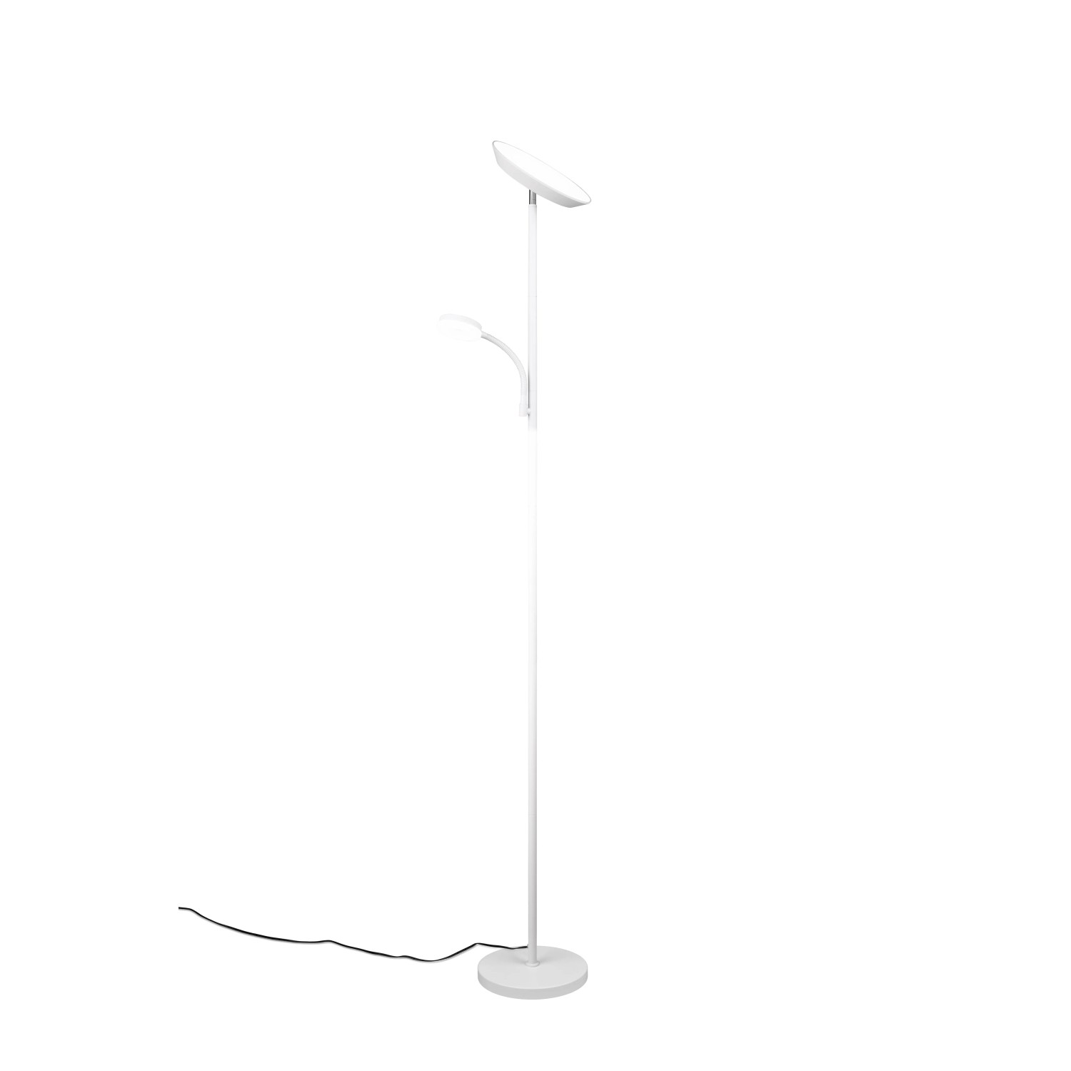 Weiße Reality LED Stehleuchte Specter mit Deckenfluter und Lesearm.