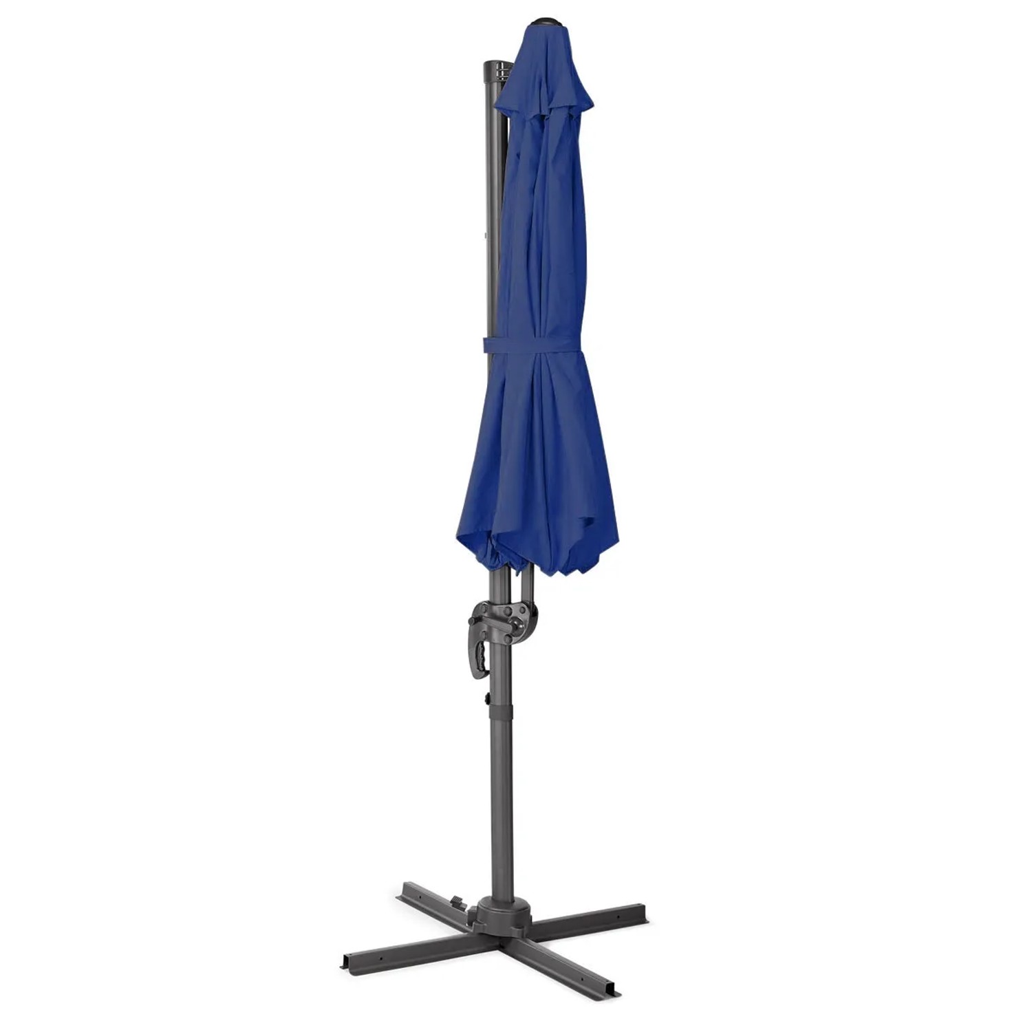 Zusammengeklappter blauer Svita Ampelschirm aus Aluminium für Garten und Terrasse.