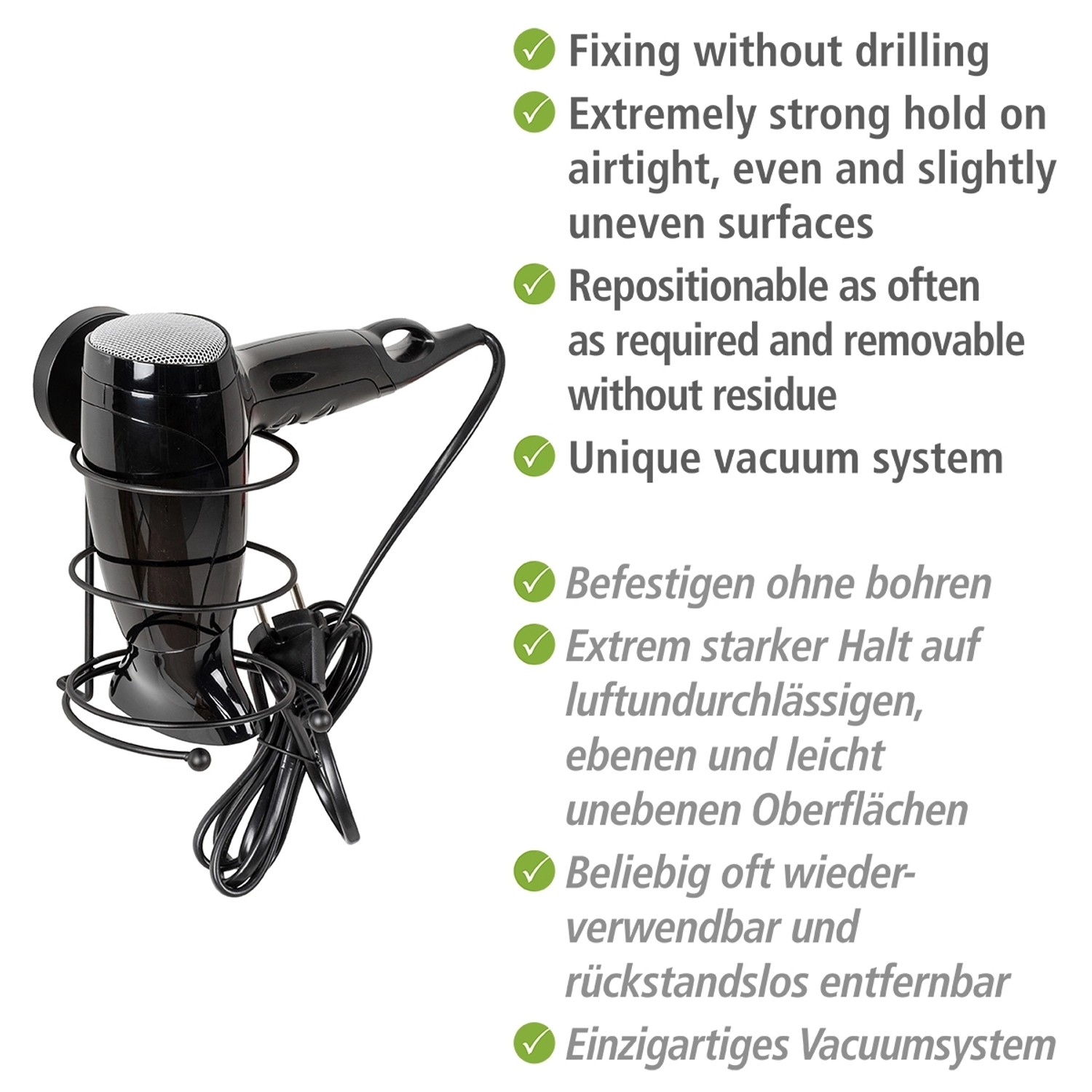 Schwarzer Wenko Haartrocknerhalter Milazzo Vacuum-Loc zur Wandmontage im Badezimmer.