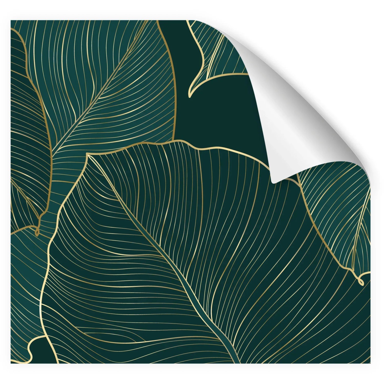 Myspotti Küchenrückwandfolie Leaves Green mit Blattmuster und goldenen Linien.