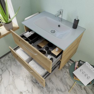 Pelipal Waschbeckenunterschrank Trentino Riviera Eiche, 75 cm breit, mit zwei offenen Schubladen.