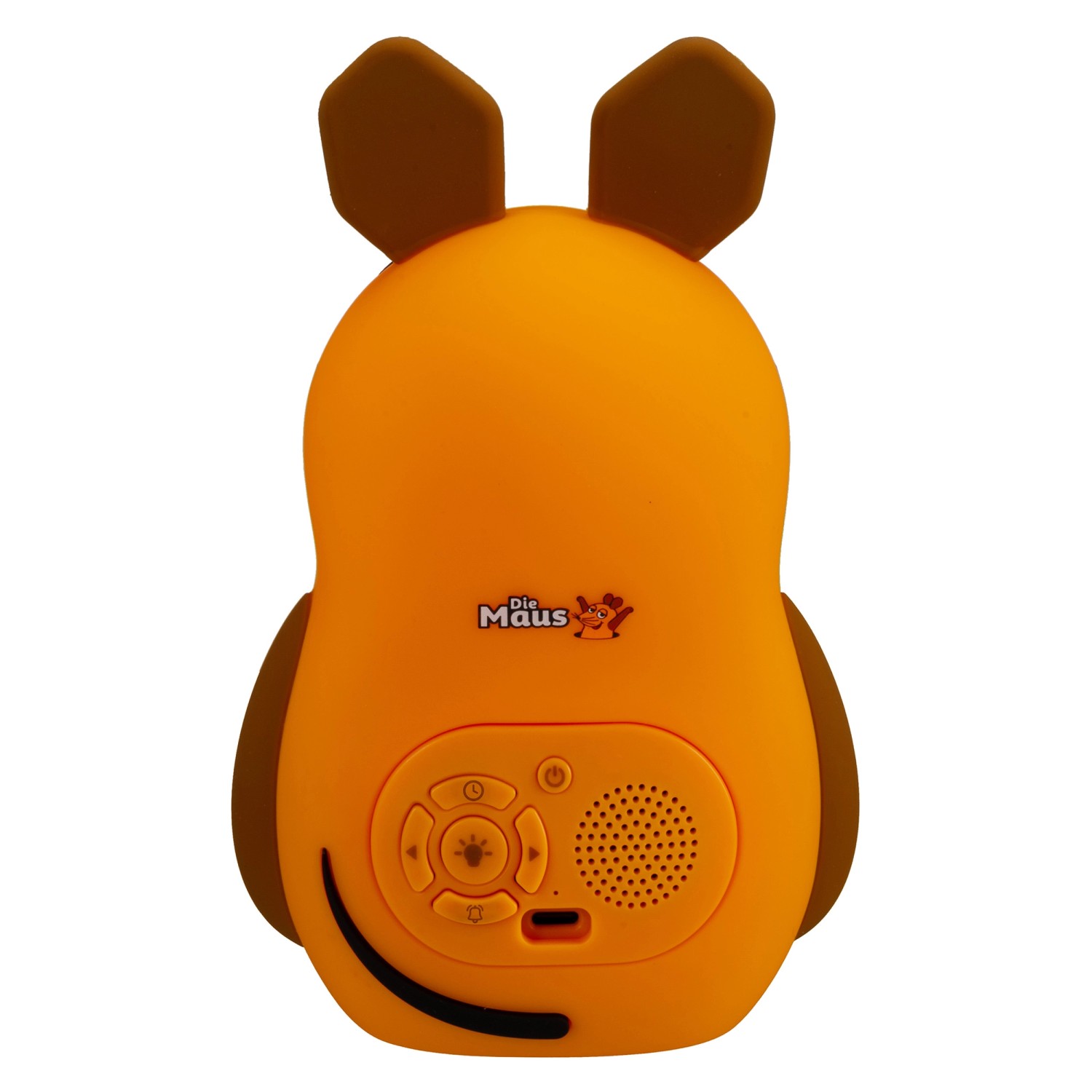 Orangefarbener DieMaus Lichtwecker für Kinder im Maus-Design mit Bedienelementen und USB-C Anschluss.