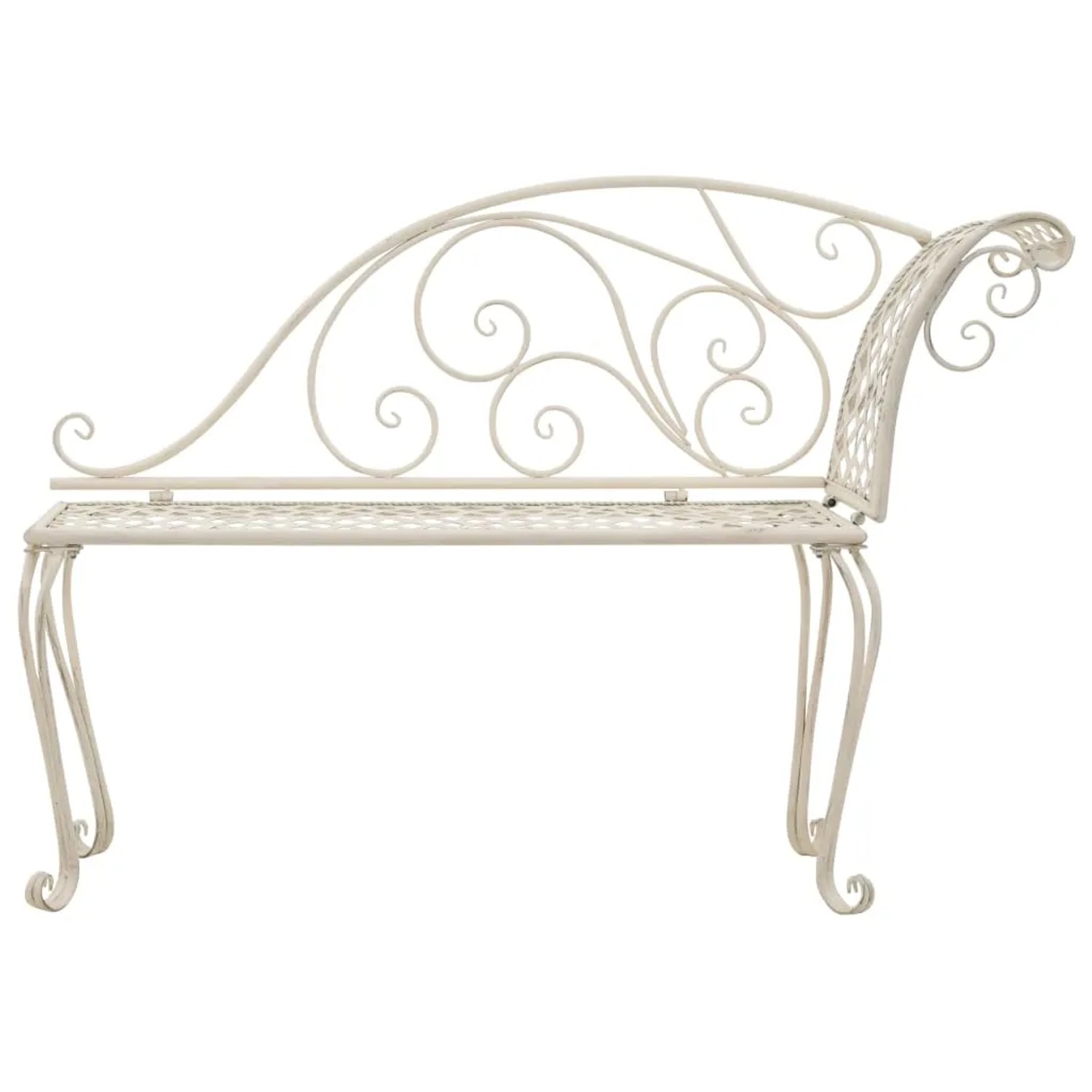 Elegante, antik-weiße Garten-Chaiselongue aus Metall mit dekorativen Details. Ideal für entspannte Stunden im Freien.