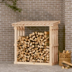 Kaminholzregal aus Kiefernholz, gefüllt mit Holzscheiten. Zubehör für Kamine & Öfen.