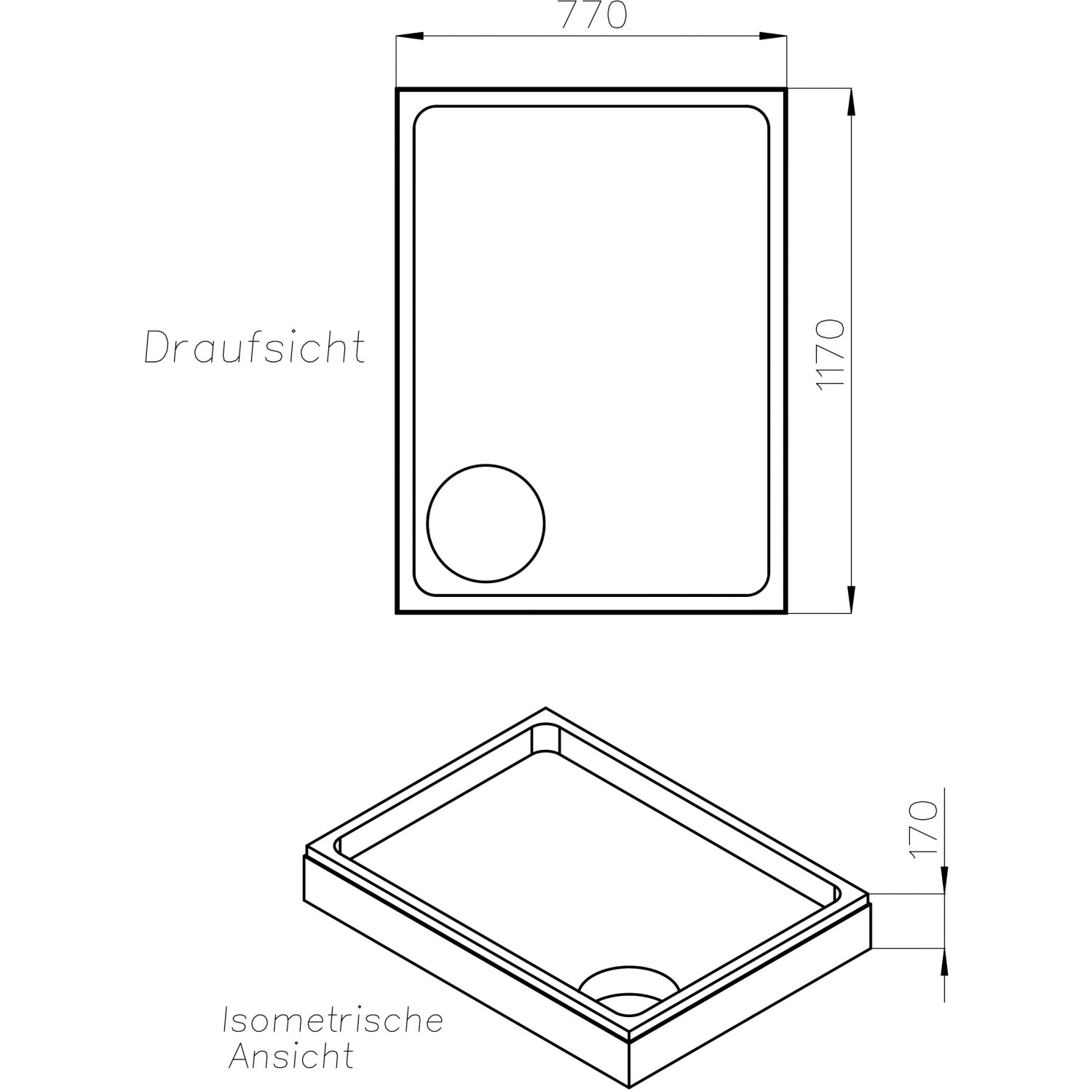Technische Zeichnung Ottofond Wannenträger Samos 120x80 cm für Duschwanne, Maße und Ansichten.