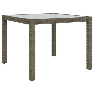 Grauer vidaXL Gartentisch aus Poly Rattan mit Glasplatte, 90x90x75 cm.