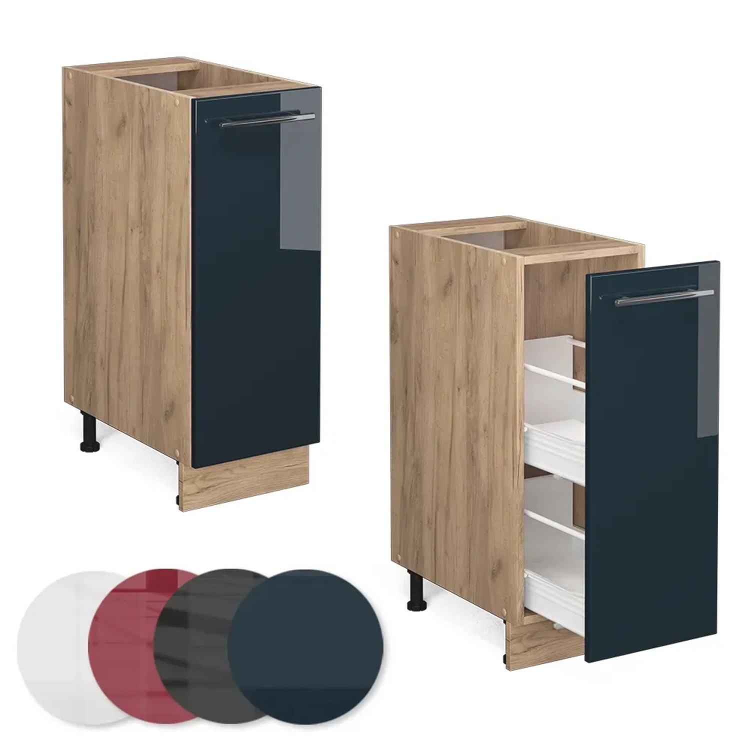 Vicco Apothekerschrank Fame-Line, dunkelblau/Eiche, 30cm, mit Auszügen und Arbeitsplatte.
