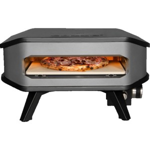 Cozze Gas Pizzaofen 13, schwarz-grau, mit Pizzastein und Pizza im Ofen.