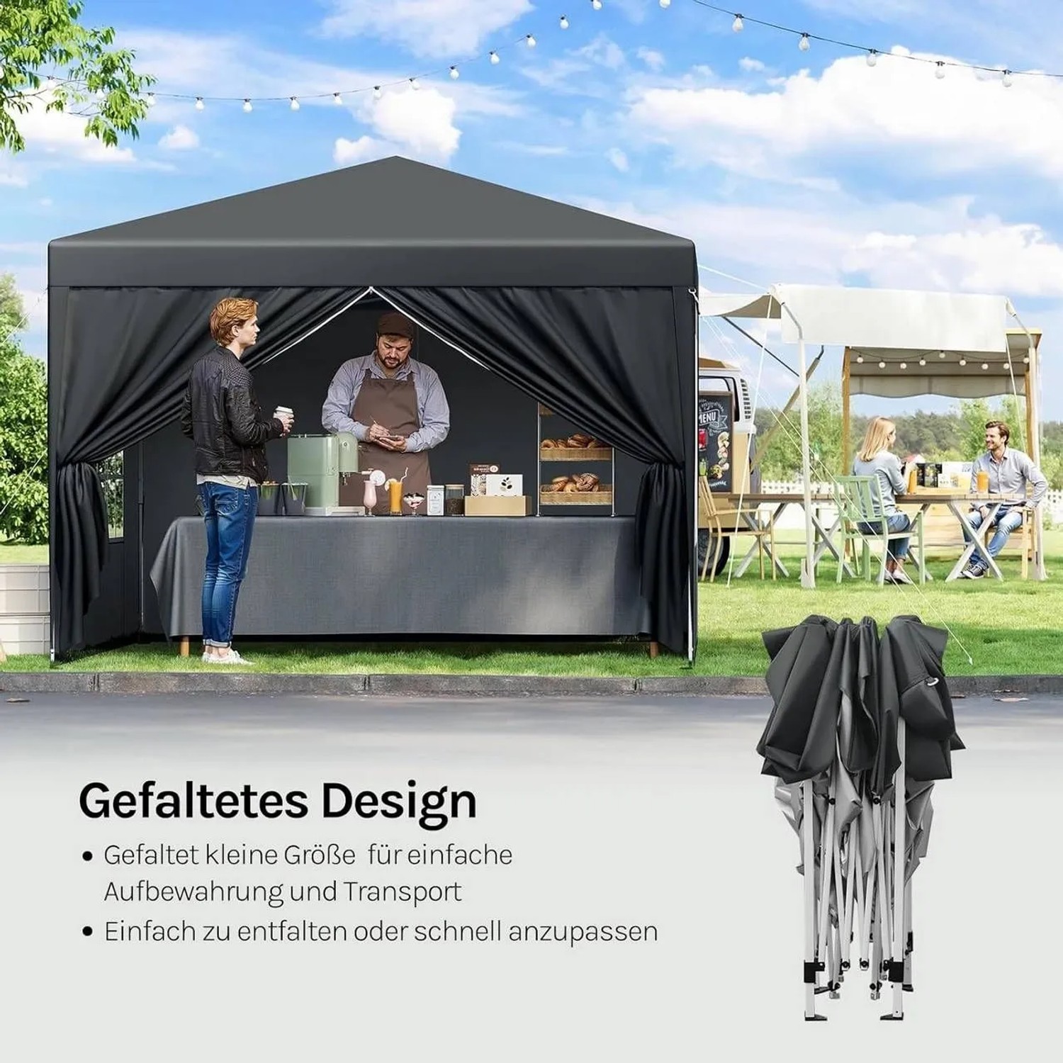 WOLTU Faltpavillon 3x3 m, wasserdicht, anthrazit, mit Pagodendach und Verkaufsstand.