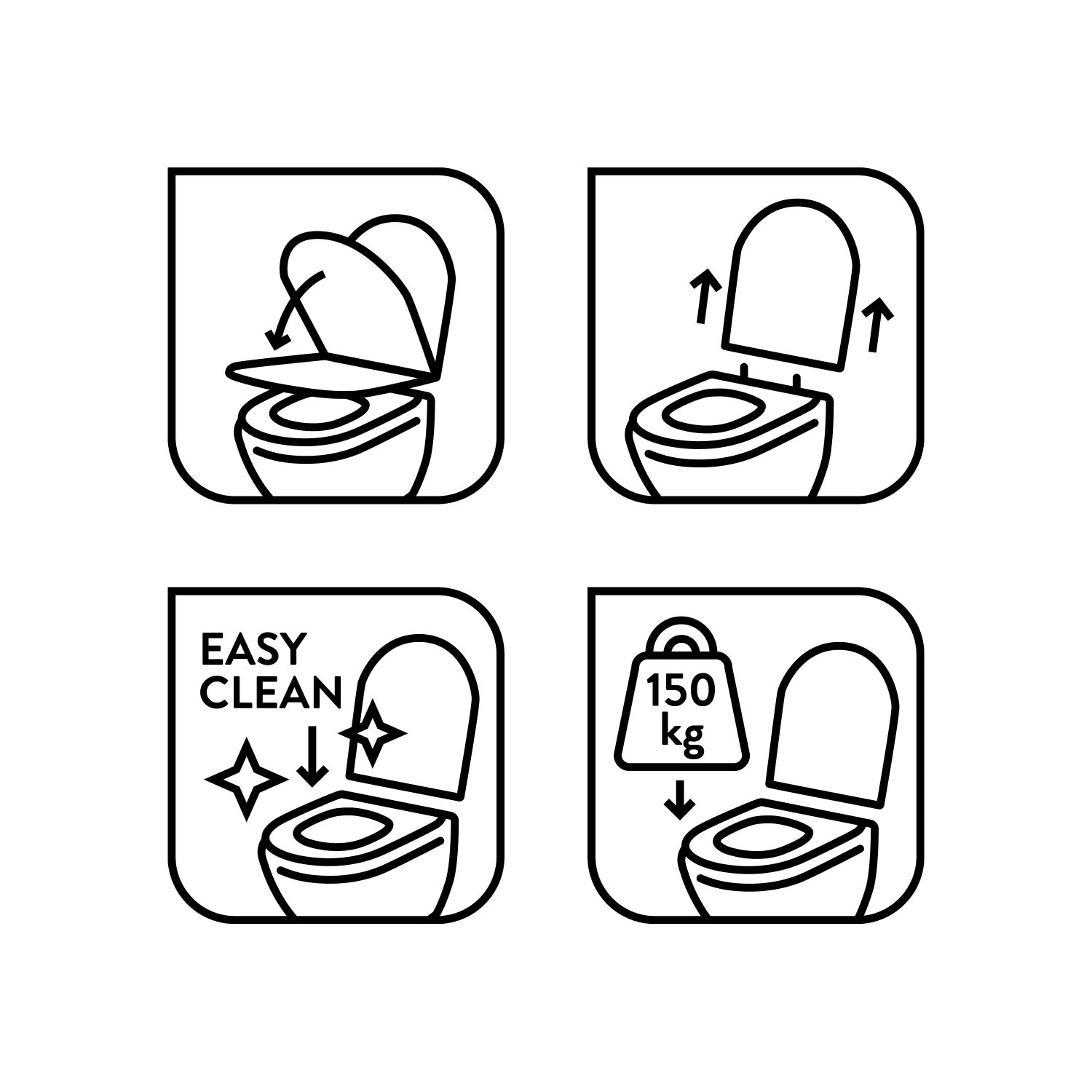 Icons: WC-Sitz Funktionen (Absenkautomatik, Quick-Release, einfache Reinigung, Belastbarkeit bis 150kg)