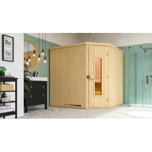 Weka Element-Ecksauna Varberg aus Fichte mit Holztür und Glaseinsatz, ohne Ofen.