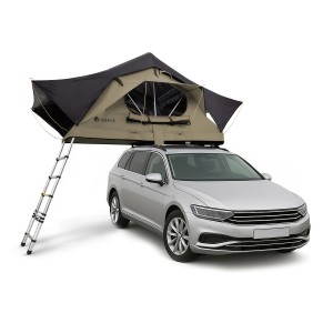 Juskys Autodachzelt Lago (120x210 cm) in Schwarz/Khaki auf einem silbernen Auto mit Leiter.