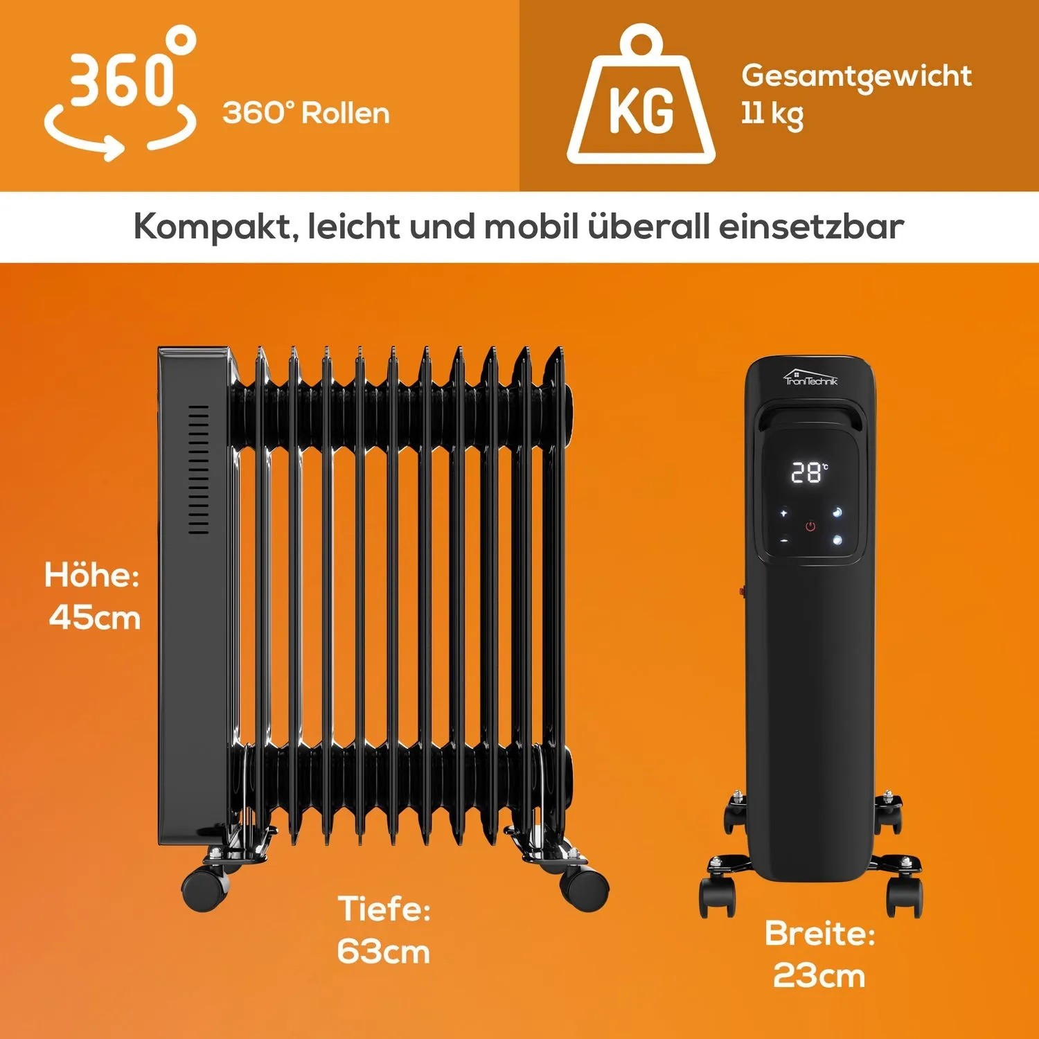 Schwarzer TroniTechnik Ölradiator TT OR 311 mit 11 Rippen, 2500W, drei Stufen und WiFi Funktion.