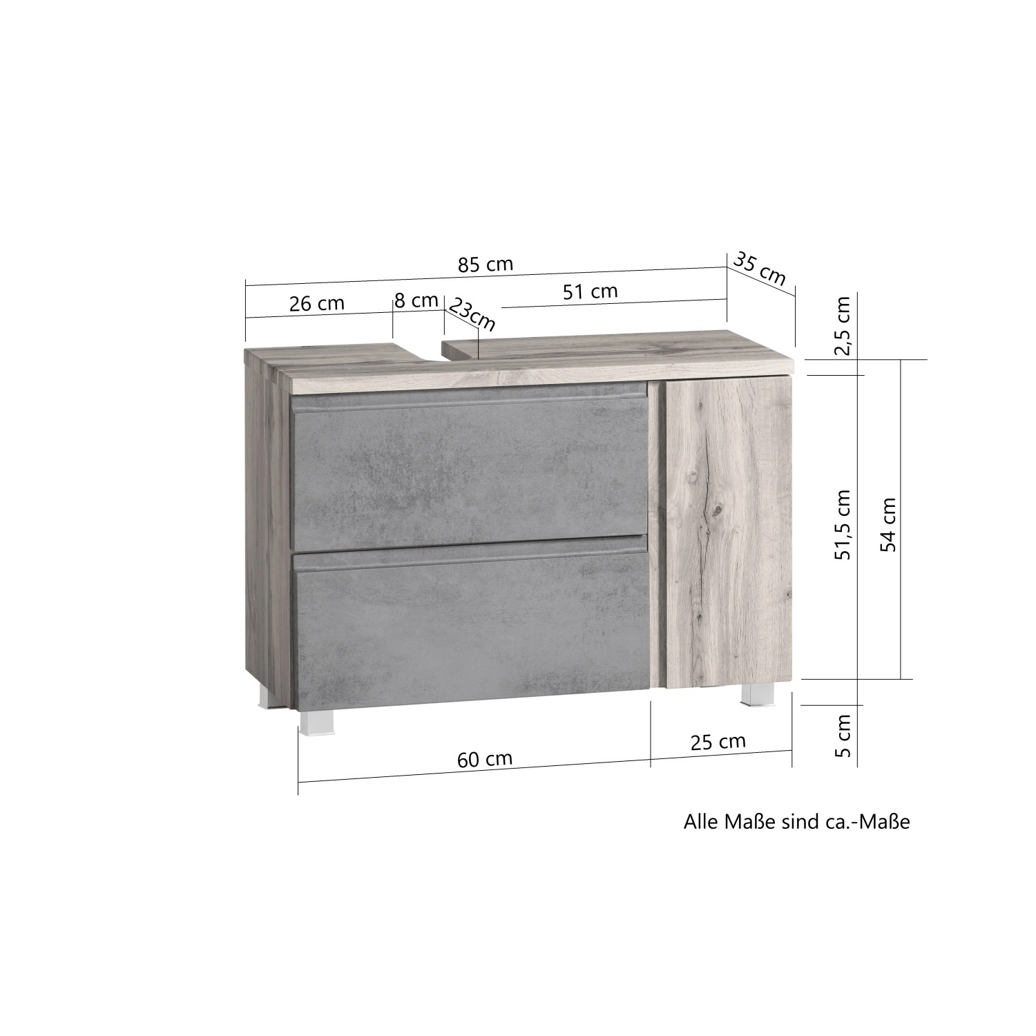 Held Möbel Unterbeckenschrank Ancona, 85 cm, Weiß/Wotaneiche, mit Maßen. Badmöbel-Set mit zwei Schubladen und Siphonausschnitt links.