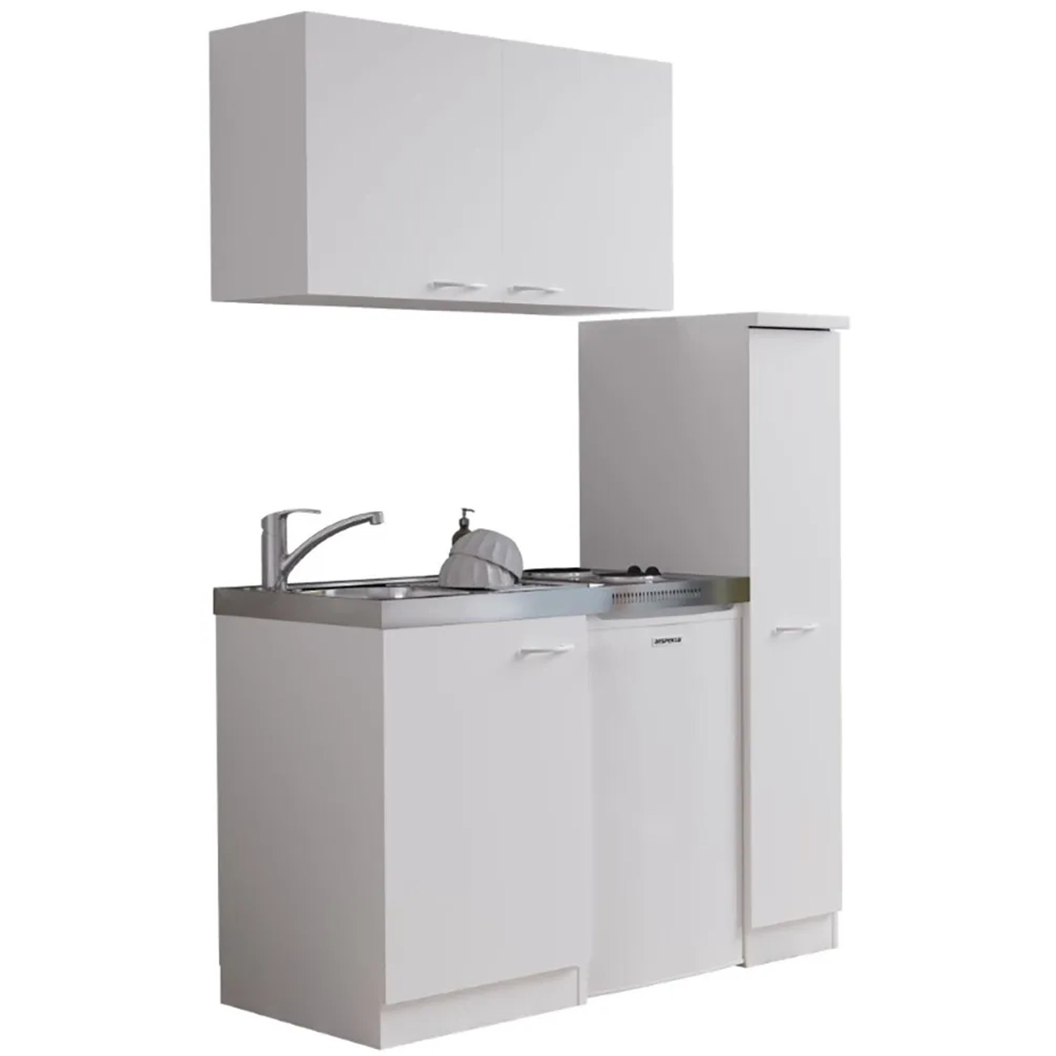 Respekta Miniküche MK130WOS, 130 cm, Weiß, mit Spüle, Kochfeld, Kühlschrank und Ober-/Unterschränken.