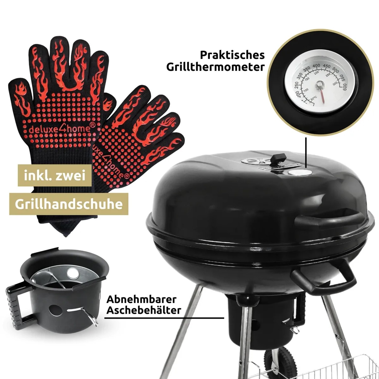 deluxe4home Kugelgrill mit Grillhandschuhen, Thermometer und Aschebehälter.