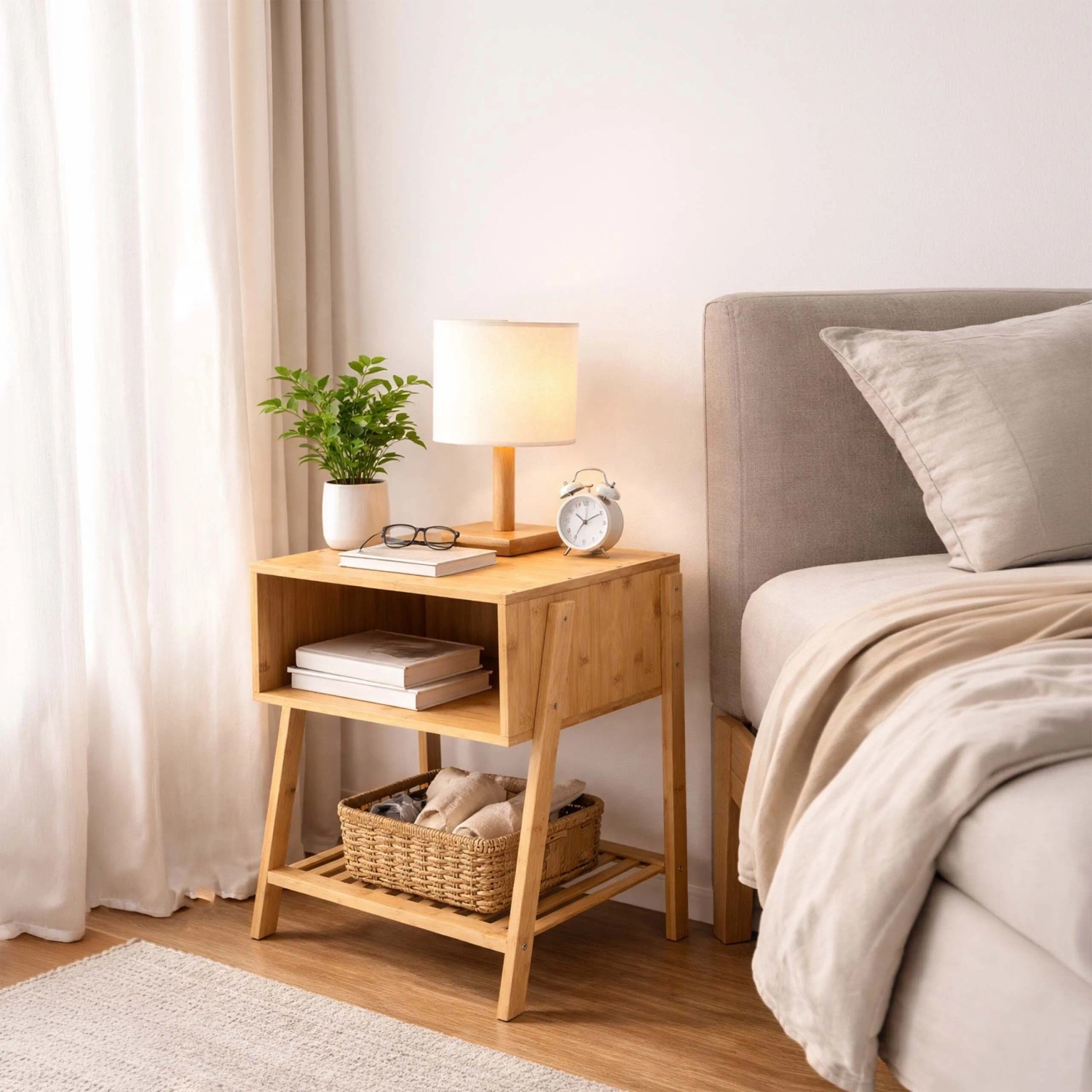 Heller Bambus-Nachttisch mit offener Ablage und Gitterfach, neben einem Bett im Schlafzimmer.