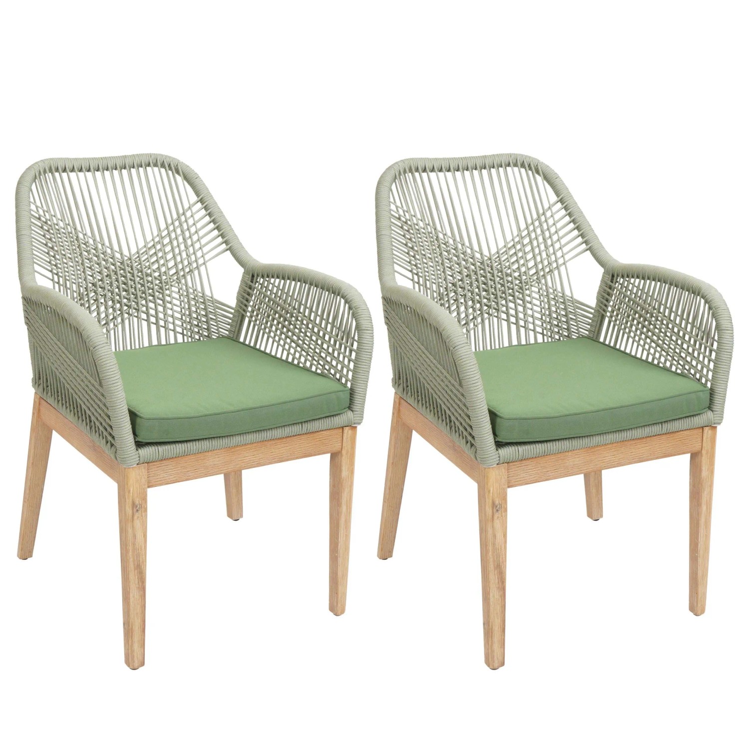 Proregal 2er-Set Gartenstuhl HxBxT 85x58x59 cm Sitzhöhe 47cm Wetterfest Seilgeflecht Rope Holz Akazie Grün Kissen Grün Sessel Outdoor