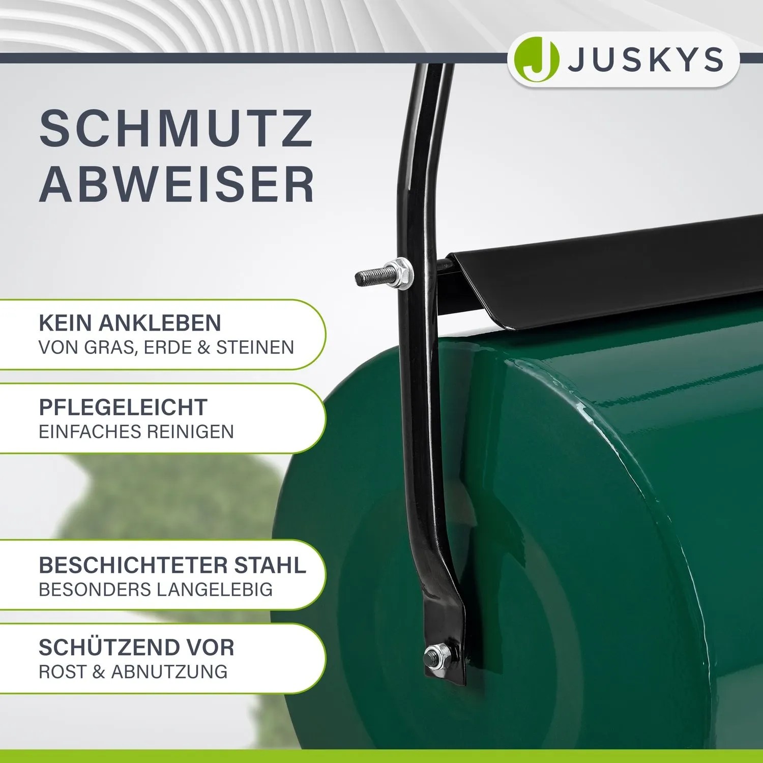 Detailaufnahme der Juskys Rasenwalze Fritz: Schmutzabstreifer, grüne Walze, schwarzer Rahmen. Gartenhandgerät.